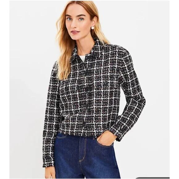 LOFT Metallic Tweed Cropped Shirt Jacket Blazer Button Up // L - Picture 3 of 11